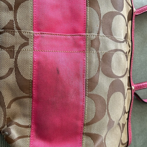 Coach Tan Purse with Pink Leather Straps. Pink stripe accent. - Picture 8 of 12